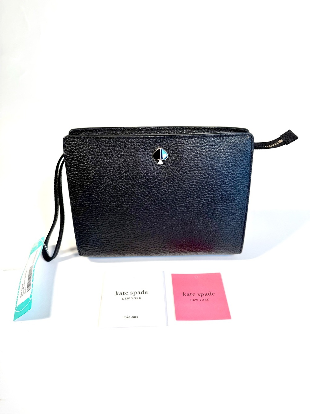 Kate Spade New York Polly Medium Pebbled Leather Wristlet Clutch Bag Black NWT